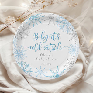 Blauw winterzilveren sneeuwvlokken baby shower Bal Papieren Bordje
