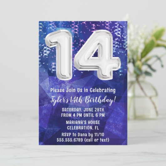 Blauw Wit 14e Verjaardag Jongen Kaart (Staand voorkant)