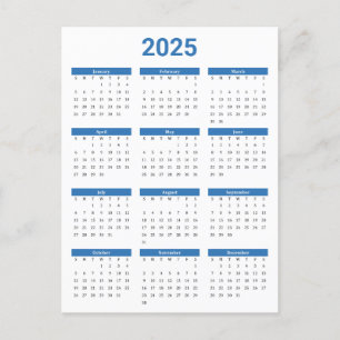 Blauw & Wit 2025 Jaar in een oogopslag Kalender Briefkaart