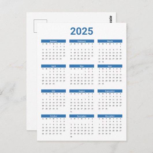 Blauw & Wit 2025 Jaar in een oogopslag Kalender Briefkaart (Voorkant / Achterkant)