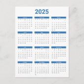 Blauw & Wit 2025 Jaar in een oogopslag Kalender Briefkaart (Voorkant)