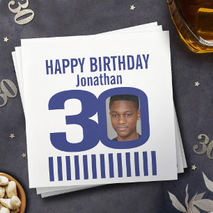 Blauw wit 30e verjaardag streep Voeg je eigen foto Servet