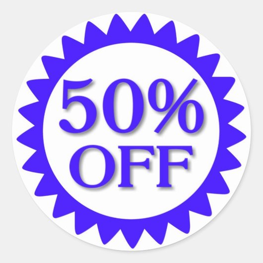 Blauw wit 50 off circle verkoop stickers (Voorkant)