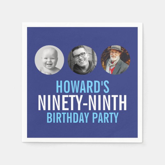 Blauw wit 99e drie foto's aangepaste verjaardagsfe servet (Voorkant)