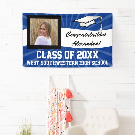 Blauw/Wit Aangepaste Foto Afstuderen teken Spandoek (Insitu)