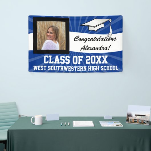 Blauw/Wit Aangepaste Foto Afstuderen teken Spandoek
