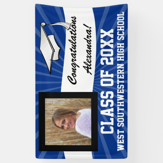 Blauw/Wit Aangepaste Foto Afstuderen teken Spandoek (Verticaal)