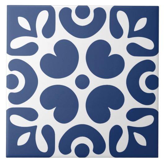 Blauw & wit abstract bloem geometrisch  tegeltje (Voorkant)