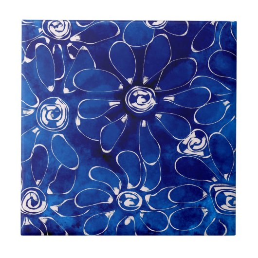 Blauw Wit Abstract Bloemen Bloemen Tegeltje (Voorkant)