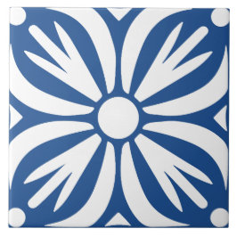 Blauw & wit abstract bloemmotief geometrisch tegeltje