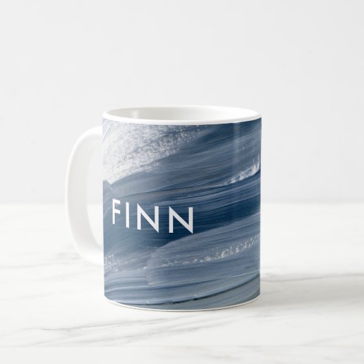 Blauw wit abstract getextureerd modern handgeschil koffiemok (Voorkant links)