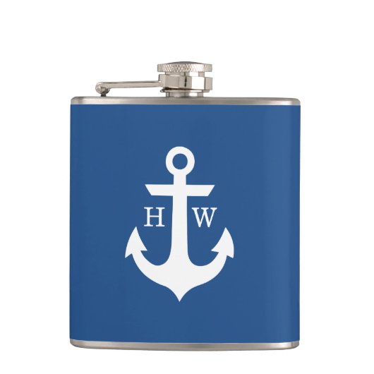 Blauw-wit-ankermonogram Heupfles (Voorkant)