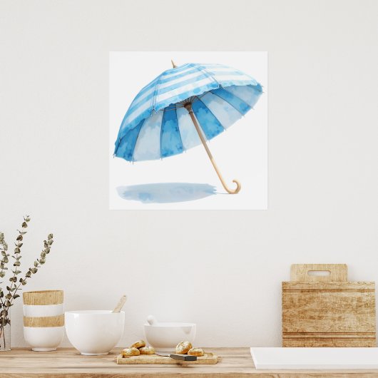 Blauw & Wit Aquarel Paraplu - Ocean Nursery Poster (Keuken)