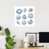 Blauw & Wit Aquarel Schelpen – Ocean Kinderkamer Poster (Thuiskantoor)