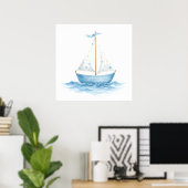 Blauw & Wit Aquarel Zeilboot – Nautilus Babykamer  Poster (Thuiskantoor)