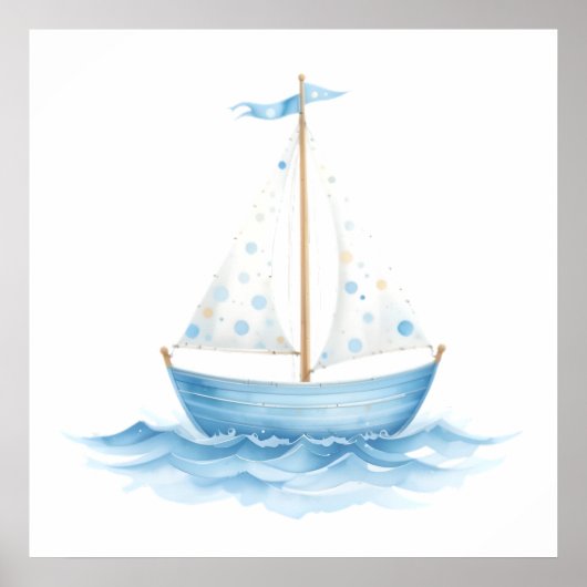 Blauw & Wit Aquarel Zeilboot – Nautilus Babykamer  Poster (Voorkant)