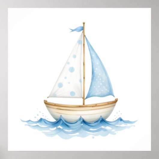 Blauw & Wit Aquarel Zeilboot – Nautisch Baby Meisj Poster (Voorkant)
