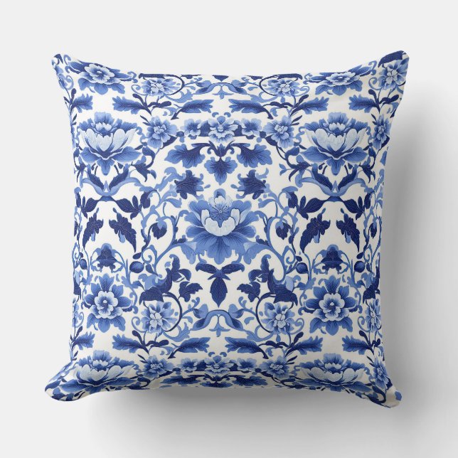 Blauw-wit Art Nouveau Chinoiserie Lotus Kussen (Voorkant)