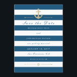 Blauw wit, automatisch opslaan Datum platte fotoka Save The Date<br><div class="desc">Pas deze stijlvolle moderne Nautical Wedding aan sparen de verticale vlakke kaart van de Datum. Blauw en wit gestreept ontwerp, volledig aanpasbaar en ingesteld als sjabloon voor uw eenvoudige aanpassing met uw favoriete foto-afbeelding aan de achterzijde. Stijlvol en vers hedendaags ontwerp met faux Gold anchor. De donkerblauwe kleur van de...</div>