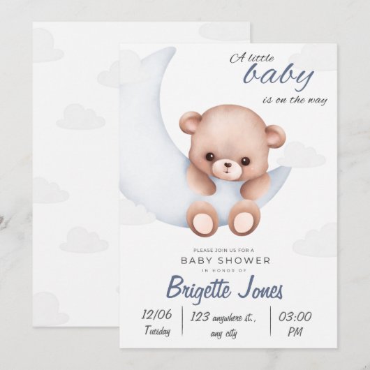 Blauw-wit Baby shower Kaart (Voorkant / Achterkant)