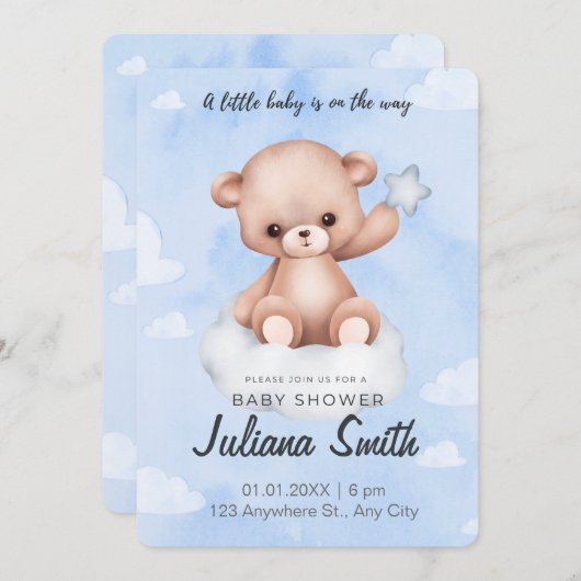 Blauw-wit Baby shower op uitnodiging (Voorkant / Achterkant)