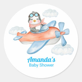 Blauw wit Baby shower Penguin Pilot Ronde Sticker