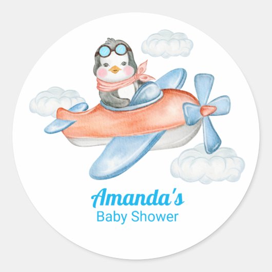 Blauw wit Baby shower Penguin Pilot Ronde Sticker (Voorkant)
