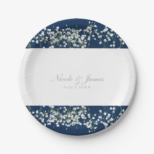 Blauw & Wit Baby's adem bloemenbruiloft Borden Papieren Bordje (Voorkant)