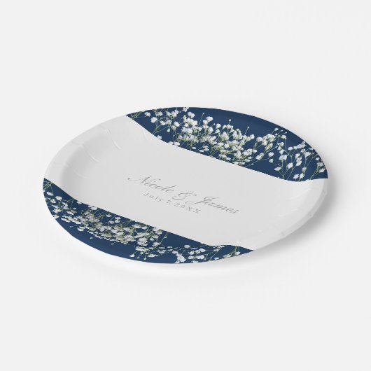 Blauw & Wit Baby's adem bloemenbruiloft Borden Papieren Bordje (Gekanteld)