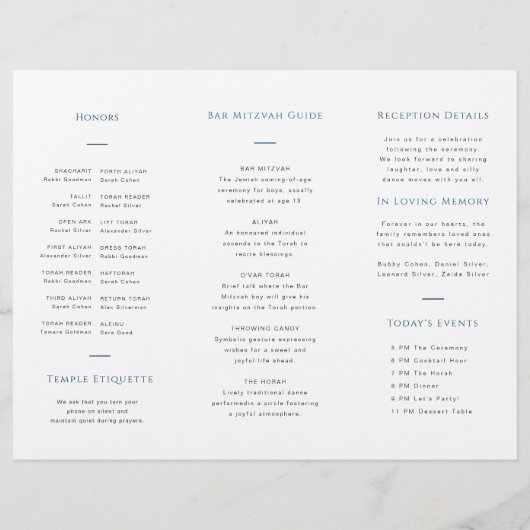 Blauw-wit bar mitswa trifold programma (Achterkant)