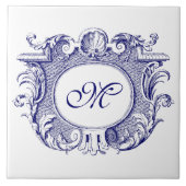 Blauw & Wit Barok Cartouche Shell Monogram Tegeltje (Voorkant)