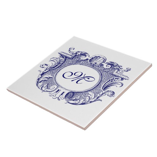Blauw & Wit Barok Cartouche Shell Monogram Tegeltje (Zijkant)