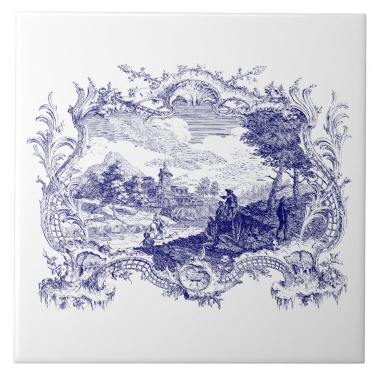 Blauw & Wit Barok Rococo Cartouche Castle Tegeltje (Voorkant)
