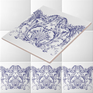 Blauw & Wit Barok Rococo Cartouche Frieze Tegeltje