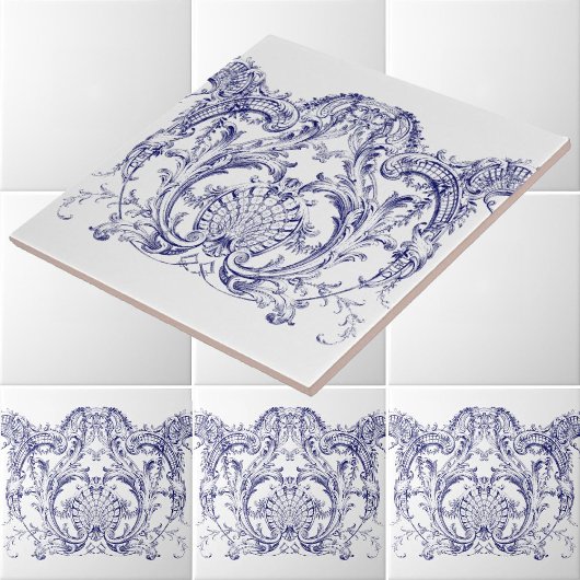 Blauw & Wit Barok Rococo Cartouche Frieze Tegeltje