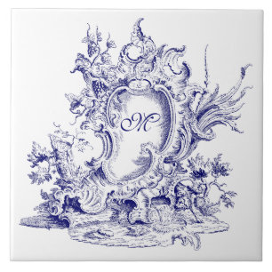 Blauw & Wit Barok Rococo Cartouche Monogram Tegeltje