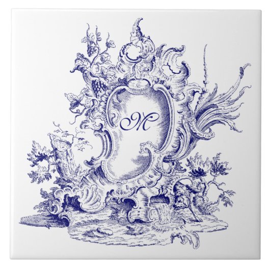 Blauw & Wit Barok Rococo Cartouche Monogram Tegeltje (Voorkant)