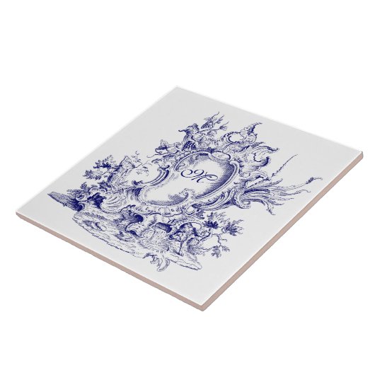 Blauw & Wit Barok Rococo Cartouche Monogram Tegeltje (Zijkant)