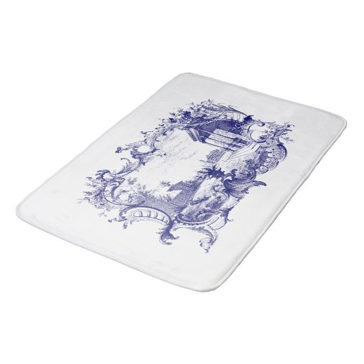 Blauw & Wit Barok Rococo Cartouche Ruins Scène Badmat (Gekanteld)