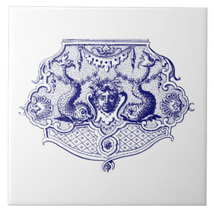Blauw & Wit Barok Rococo Dolfijn Cartouche Tegeltje