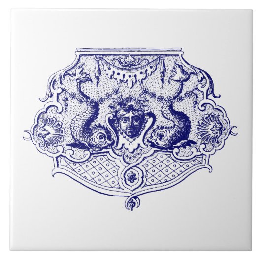 Blauw & Wit Barok Rococo Dolfijn Cartouche Tegeltje (Voorkant)