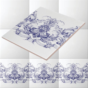 Blauw & Wit Barok Rococo Rocaille Frieze Tegeltje
