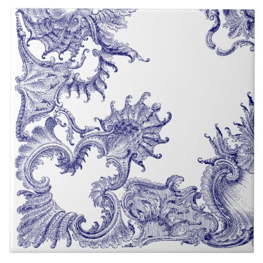 Blauw & Wit Barok Rococo Rocaille Patroon b Tegeltje (Voorkant)