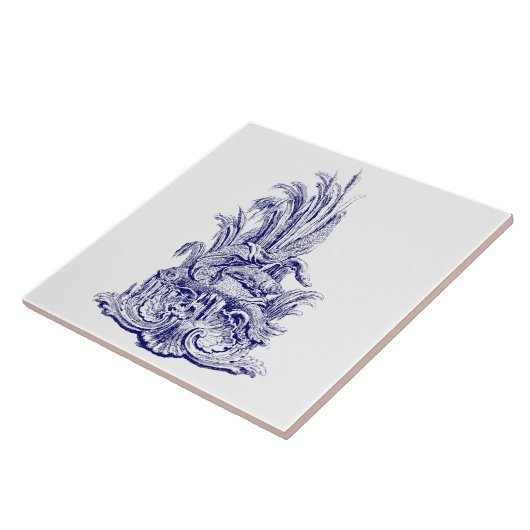 Blauw & Wit Barok Rococo Rocaille Vis Fontein Tegeltje (Zijkant)