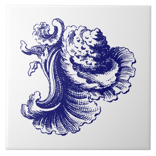 Blauw & Wit Barok Rococo Rocaille Zee Shell Tegeltje (Voorkant)