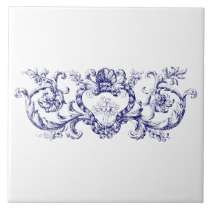 Blauw & Wit Barok Rococo Shell Cartouche Frieze Tegeltje