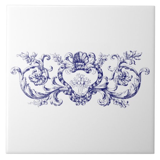 Blauw & Wit Barok Rococo Shell Cartouche Frieze Tegeltje (Voorkant)