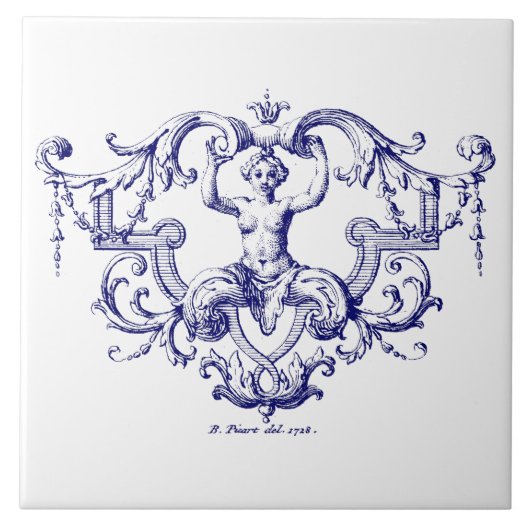 Blauw & Wit Barok Rococo Zeemeermin Tegeltje (Voorkant)