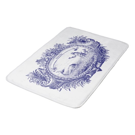 Blauw & Wit Barok Rococo Zeemeermin Vis Cartouche Badmat (Gekanteld)