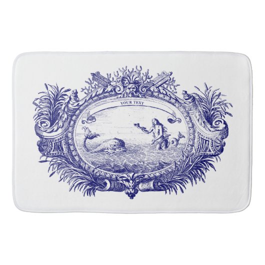 Blauw & Wit Barok Rococo Zeemeermin Vis Cartouche Badmat (Voorkant)